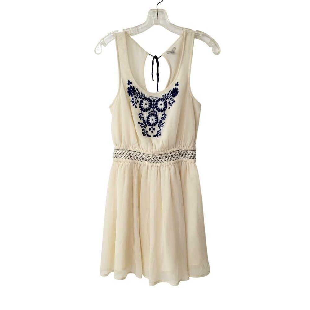 Ecote Cream and Blue Embroidered Sleeveless Mini Dress - Picture 1 of 6
